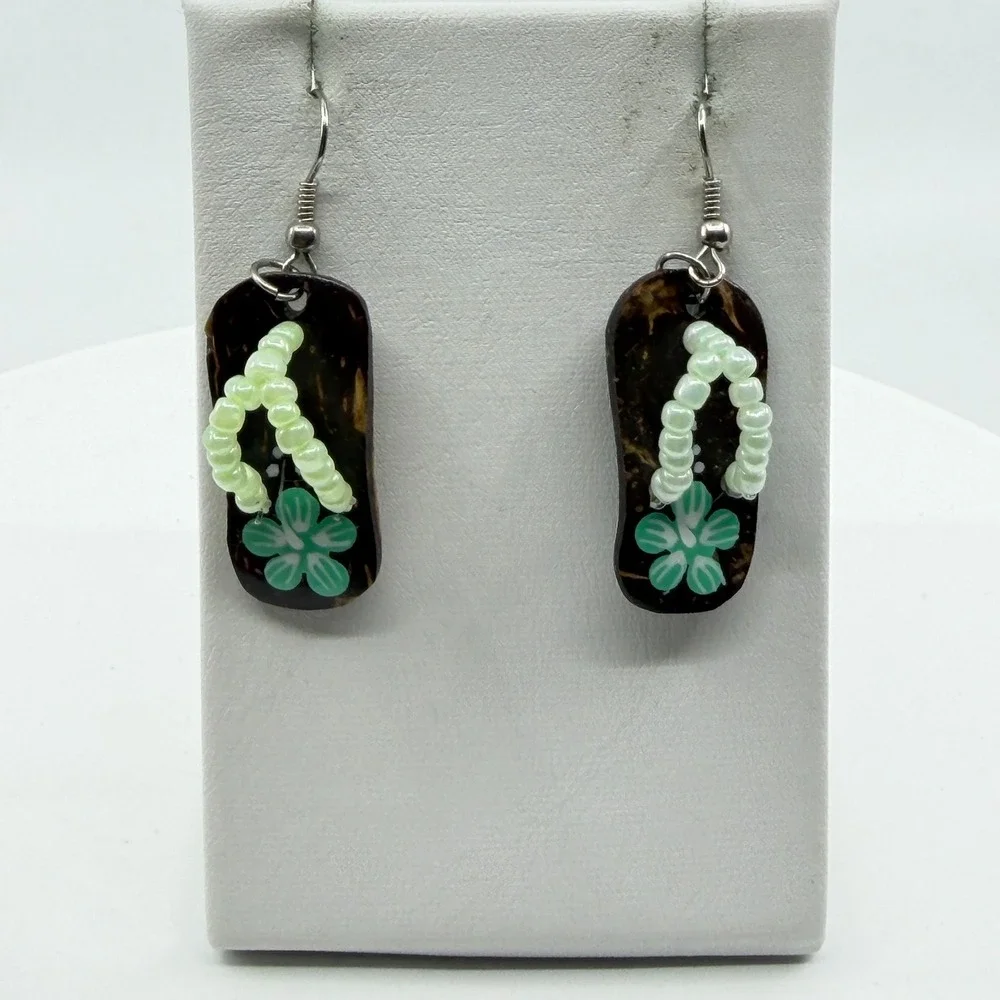 Earrings Flip Flop Dangle Brown Coconut Shell Green Beaded Flower Boho Tropical